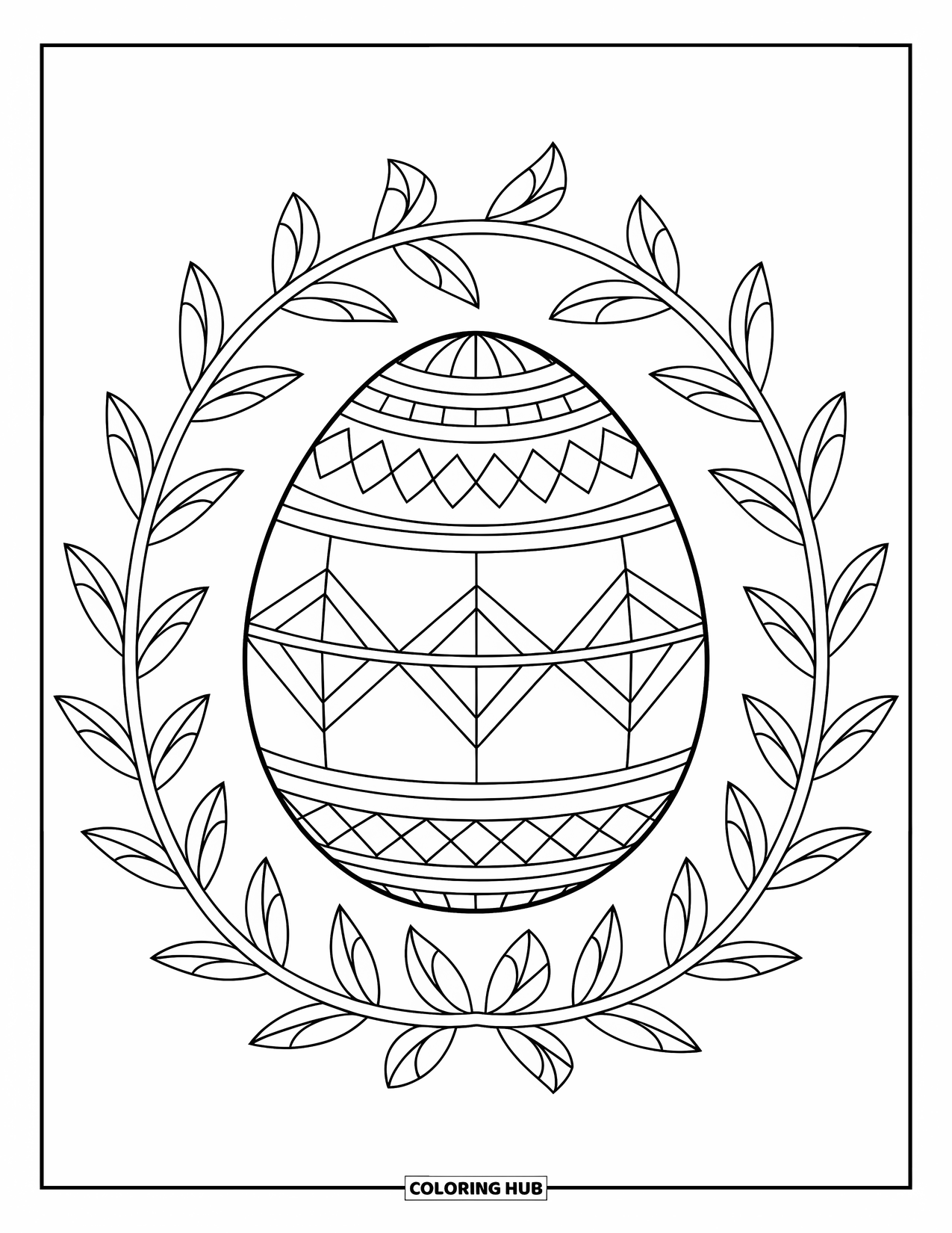 Easter Egg Coloring Page for Adults: A geometric diamond-patterned egg is surrounded by curling mandala vines