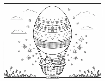 Easter Egg Coloring Page for Adults: A giant Easter egg floats as a hot air balloon above a spring meadow