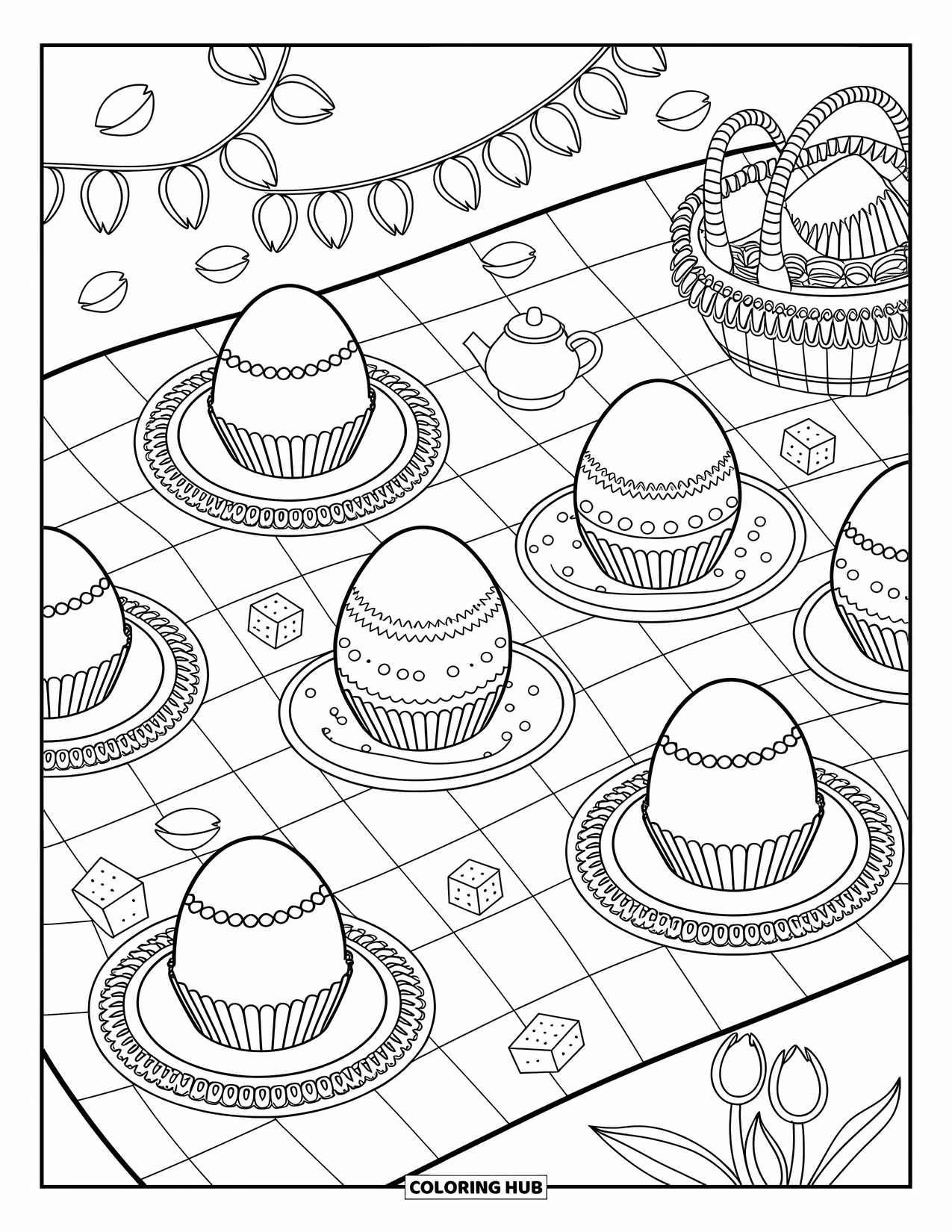 Easter Egg Coloring Page for Adults: A gingham picnic blanket is filled with Easter eggs, tea, and strawberries