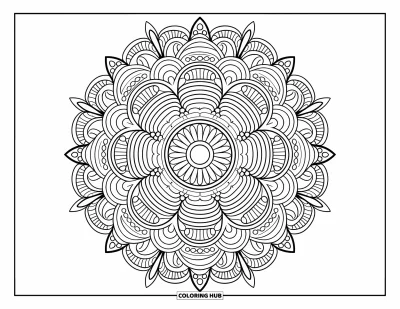 Easter Egg Coloring Page for Adults: A mandala circle with swirls, dots, and triangles surrounds a central egg