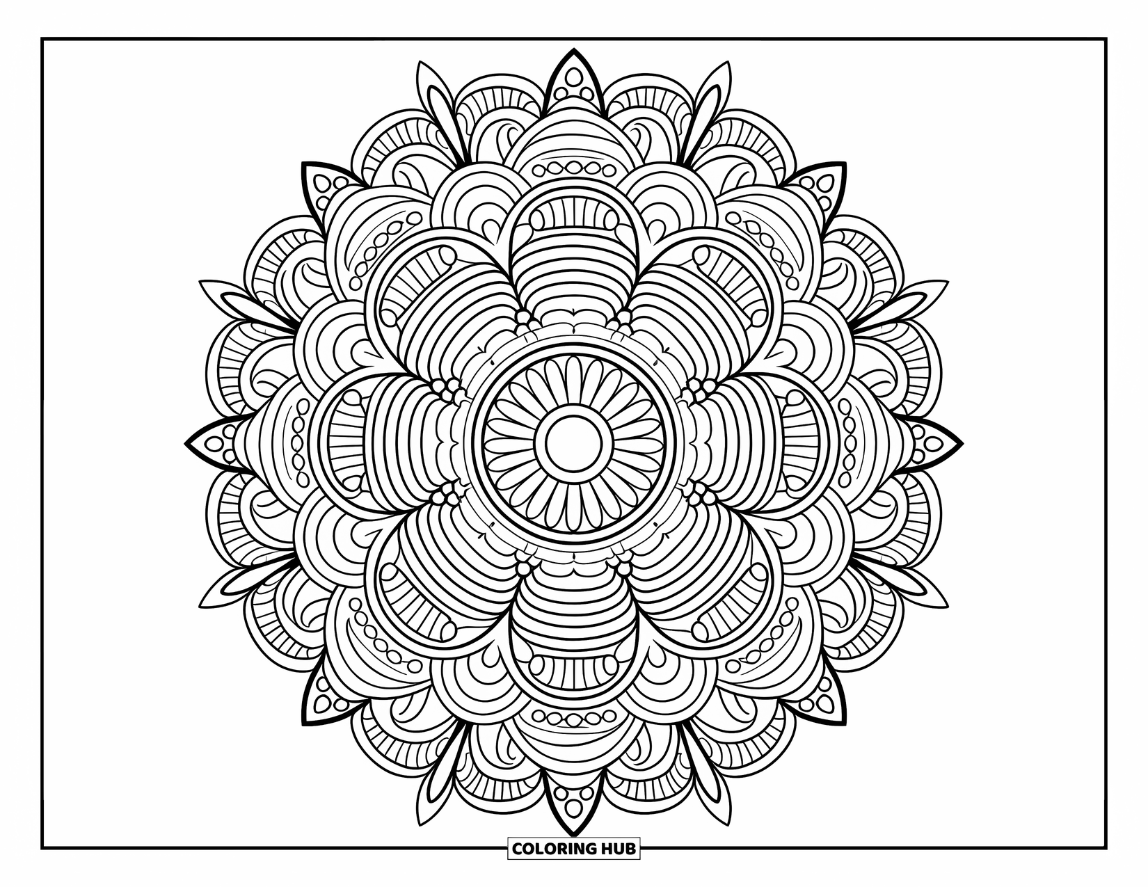 Easter Egg Coloring Page for Adults: A mandala circle with swirls, dots, and triangles surrounds a central egg