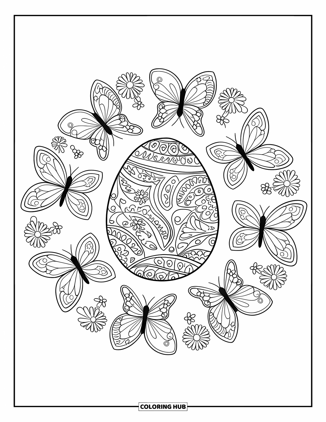 Easter Egg Coloring Page for Adults: A mandala of butterflies and flowers surrounds a paisley-patterned Easter egg