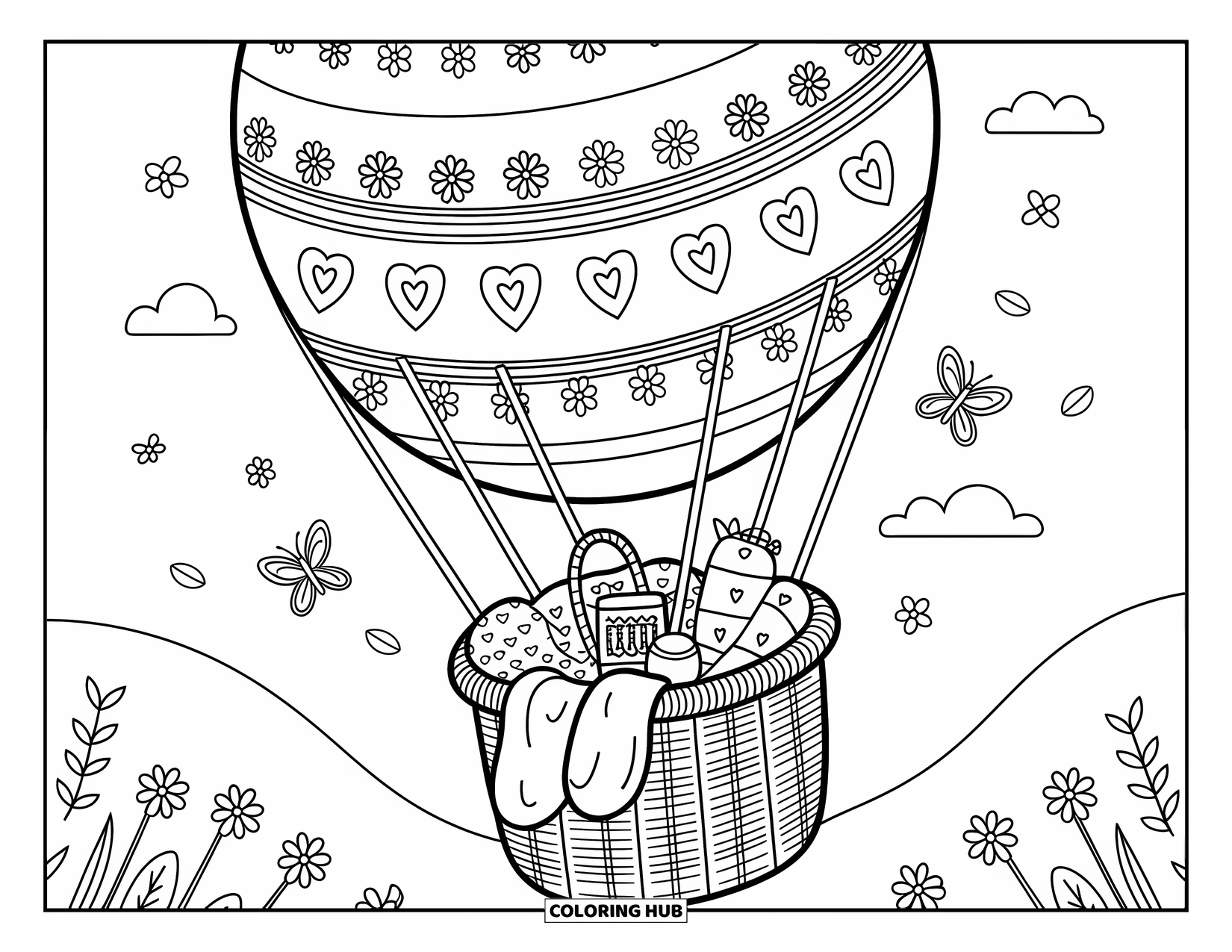 Easter Egg Coloring Page for Adults: A patterned Easter egg forms a hot air balloon lifting a basket of picnic supplies