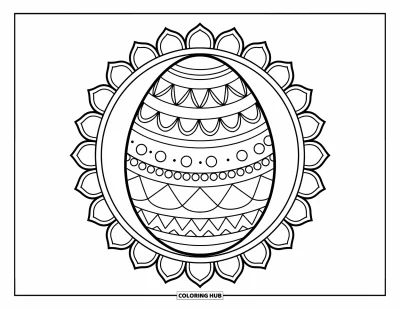Easter Egg Coloring Page for Adults: A patterned Easter egg rests in the center of detailed mandala rings