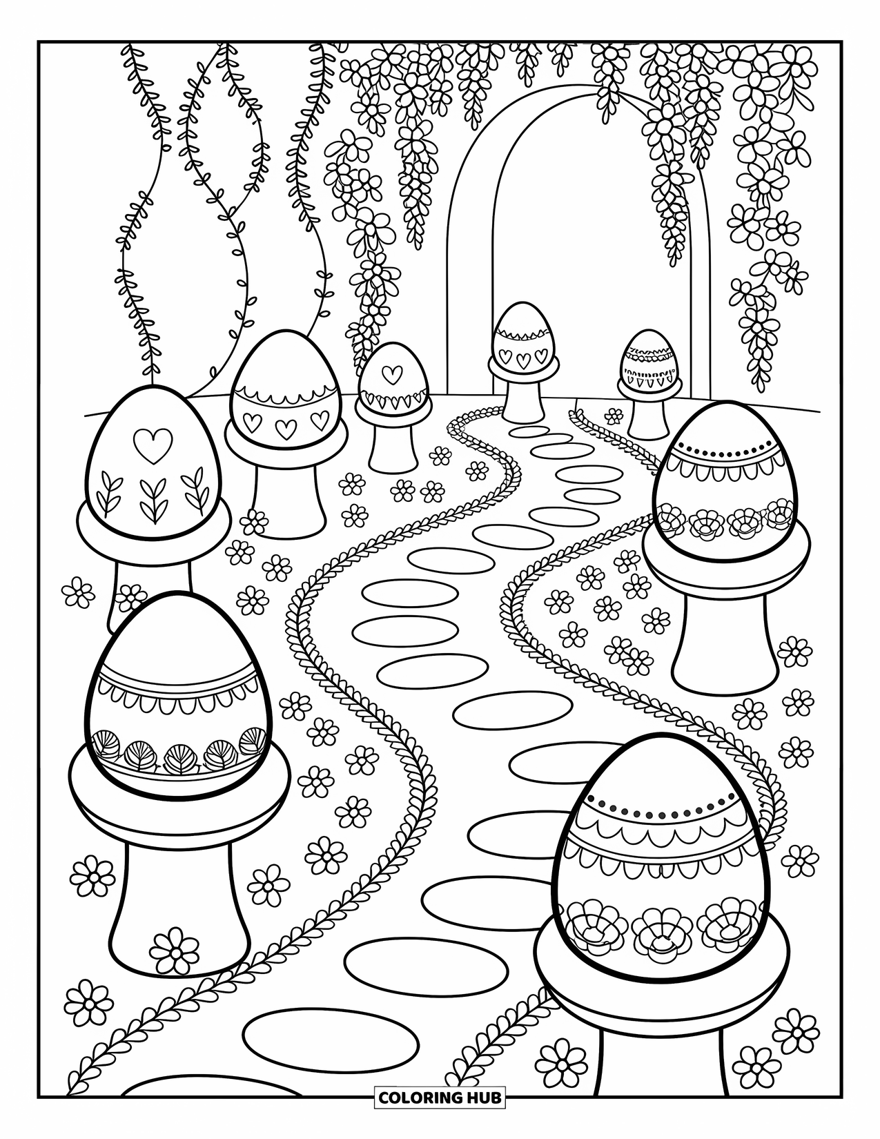 Easter Egg Coloring Page for Adults: A spring path with flowers and vines displays Easter eggs on small pedestals