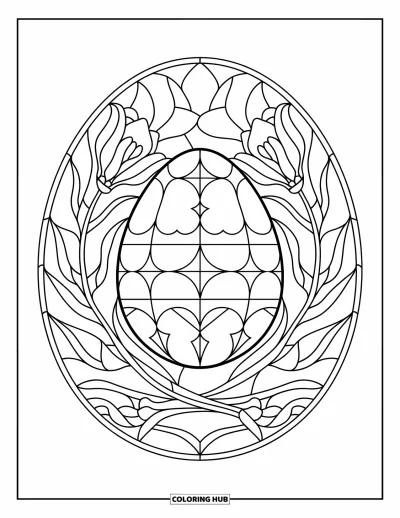 Easter Egg Coloring Page for Adults: A star-patterned egg sits inside a stained-glass frame of lilies