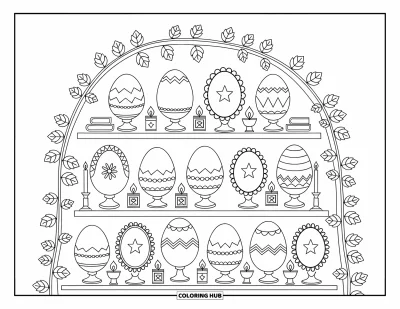 Easter Egg Coloring Page for Adults: A tiered shelf shows Easter eggs with floral frames, trinkets, and trailing ivy