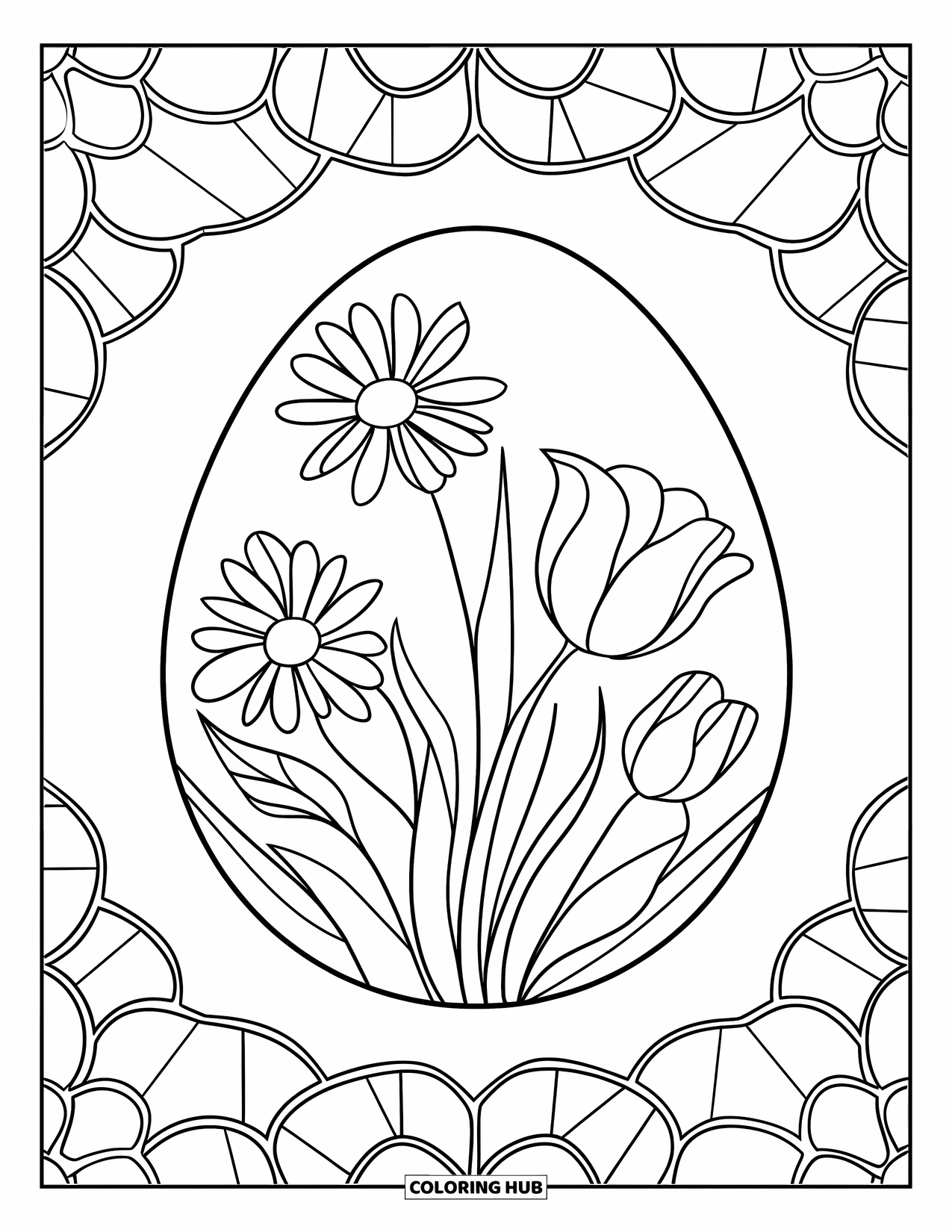 Easter Egg Coloring Page for Adults: A tulip and daisy patterned egg sits in stained-glass petal designs