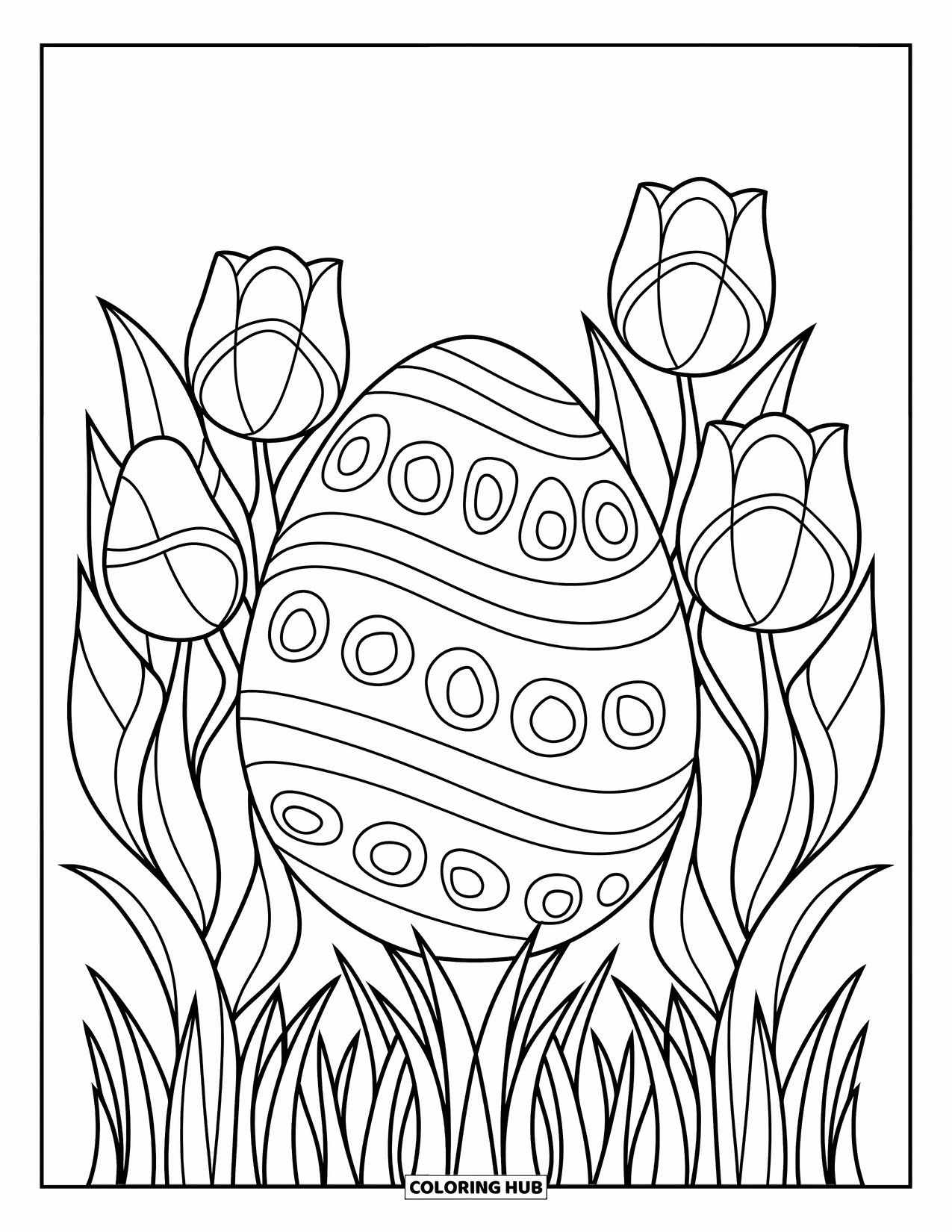 Easter Egg Coloring Page for Adults: A wave and ribbon egg is framed by tulips and grass in stained-glass style