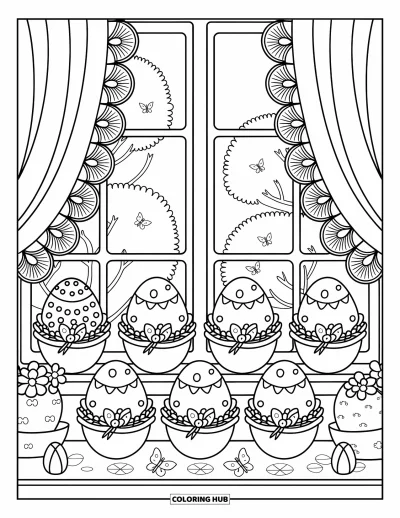 Easter Egg Coloring Page for Adults: A windowsill displays Easter eggs in holders with ribbons and butterflies