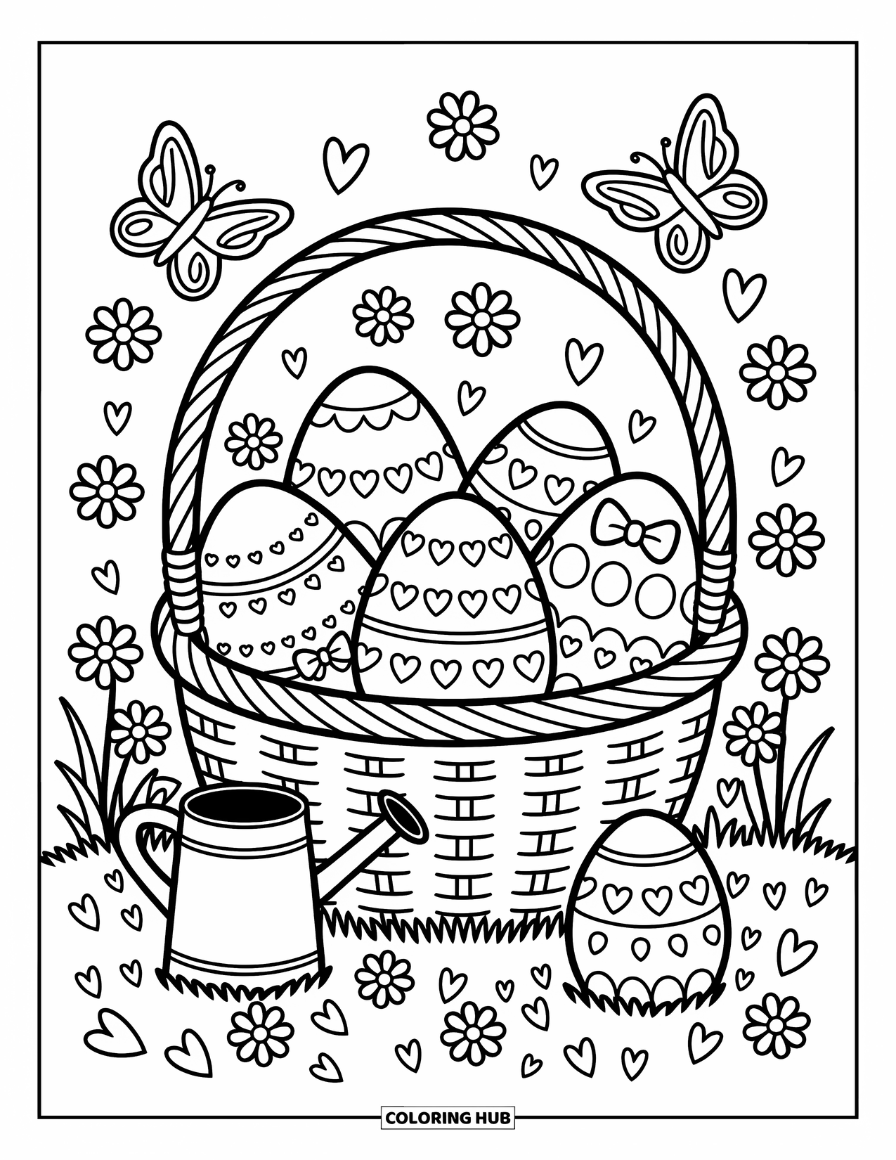 Easter Egg Coloring Page for Adults: A woven basket of patterned Easter eggs rests in grass with flowers and butterflies