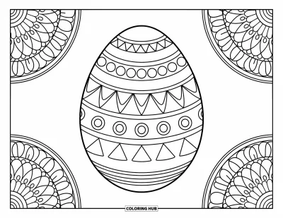 Easter Egg Coloring Page for Adults: An Easter egg with swirls and dots sits inside concentric mandala rings