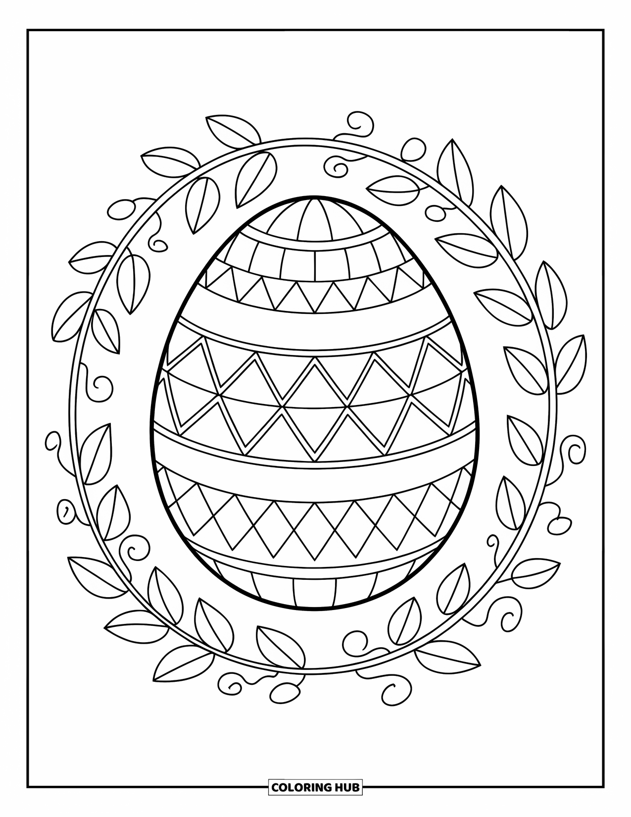Easter Egg Coloring Page for Adults: An egg with diamonds and triangles sits framed by curling mandala vines