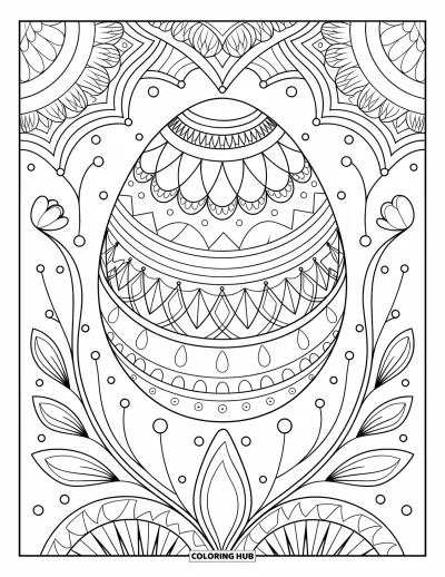 Easter Egg Coloring Page for Adults: An egg with zigzags and spirals rests in a full-page floral mandala