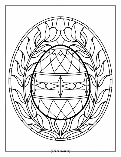 Easter Egg Coloring Page for Adults: An ornate egg with stars and cross-hatch rests in lilies framed like stained glass