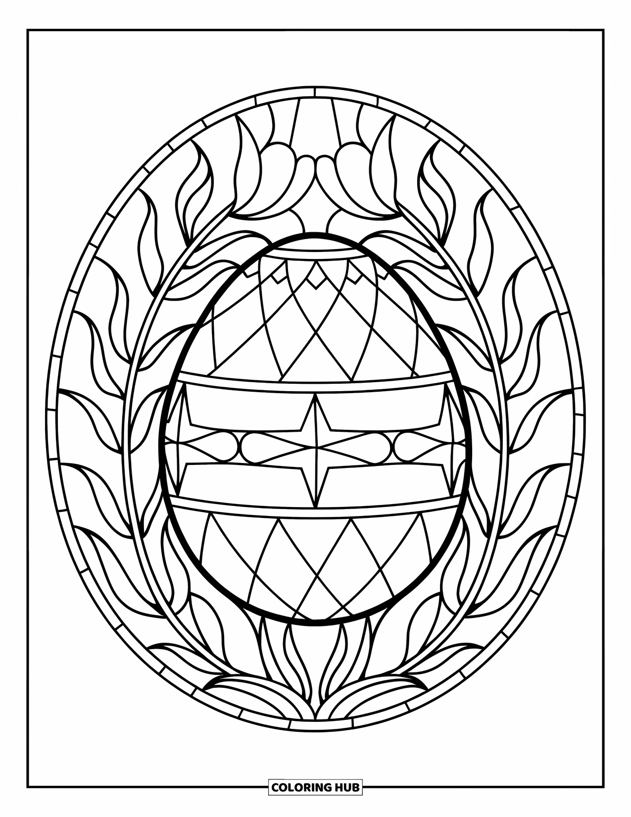 Easter Egg Coloring Page for Adults: An ornate egg with stars and cross-hatch rests in lilies framed like stained glass