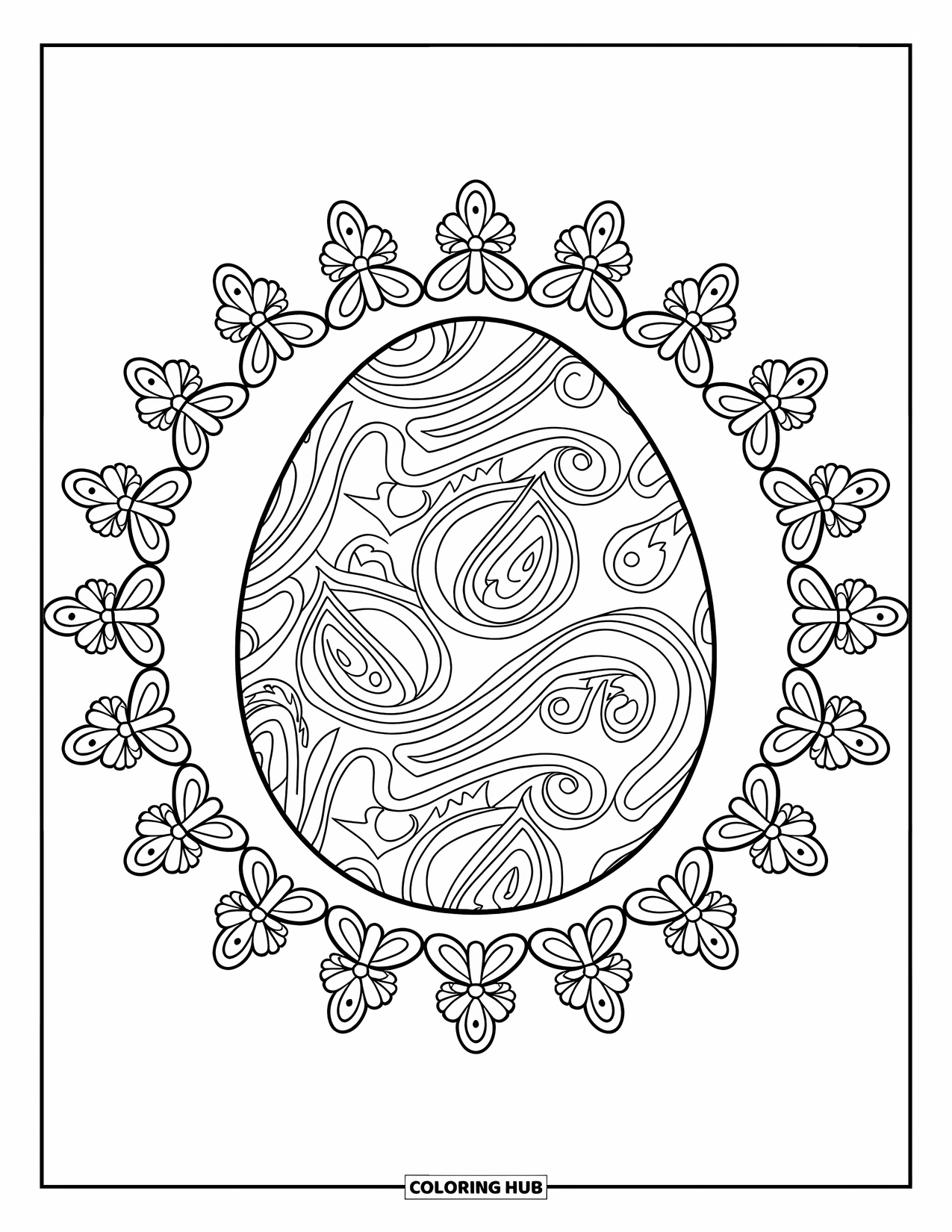 Easter Egg Coloring Page for Adults: An ornate paisley egg sits inside a butterfly and flower mandala circle