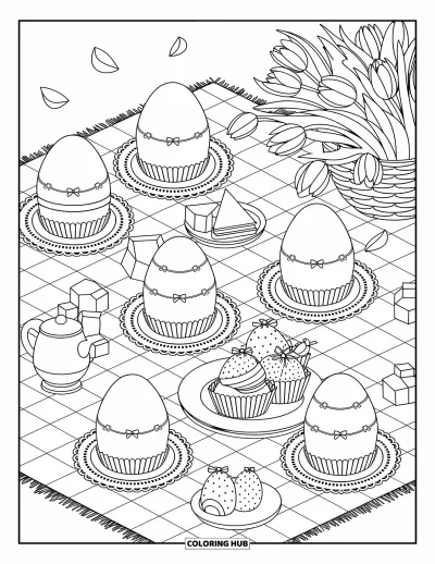 Easter Egg Coloring Page for Adults: Decorated Easter eggs rest on a blanket with teacups, fruit, and tulips