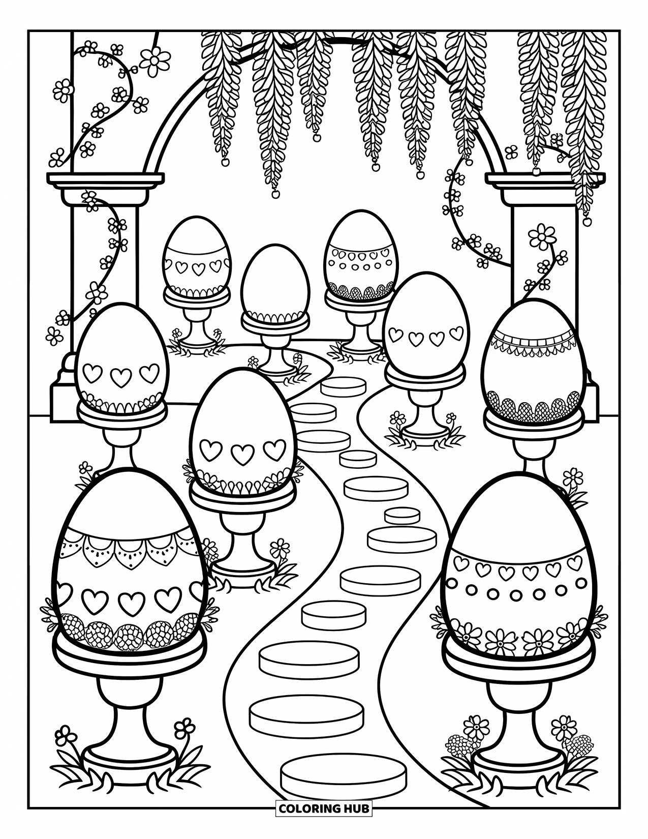 Easter Egg Coloring Page for Adults: Decorated eggs rest on pedestals along a garden path with vines and flowers