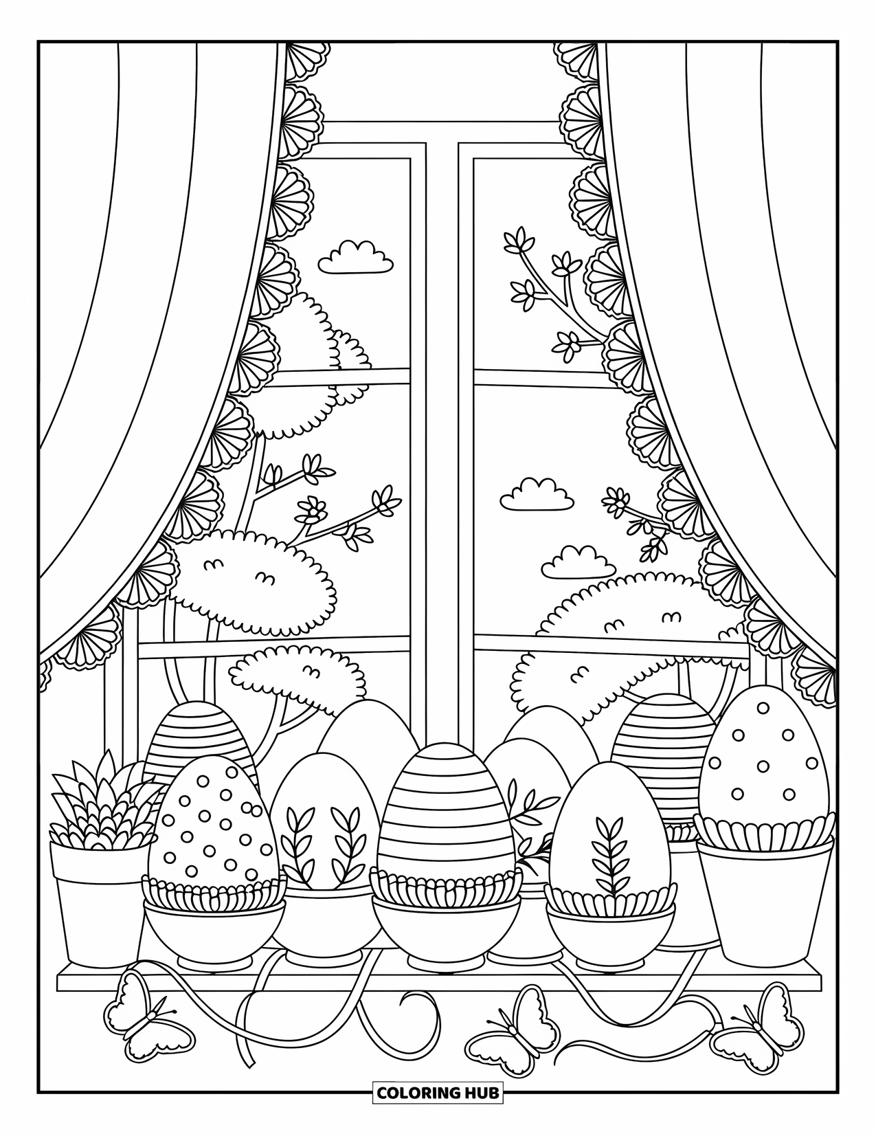 Easter Egg Coloring Page for Adults: Easter eggs in teacups rest on a windowsill framed by lace and birds