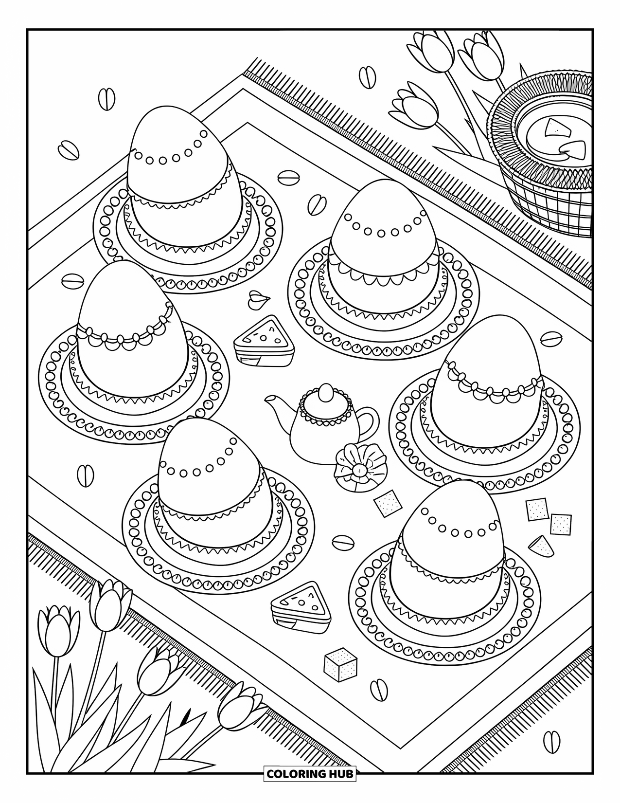 Easter Egg Coloring Page for Adults: Easter eggs, sandwiches, and tea are arranged on a picnic blanket with flowers