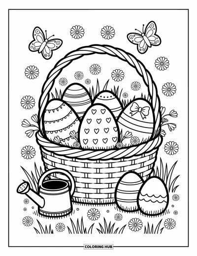 Easter Egg Coloring Page for Adults: Easter eggs with hearts and bows rest in a basket among daisies and butterflies