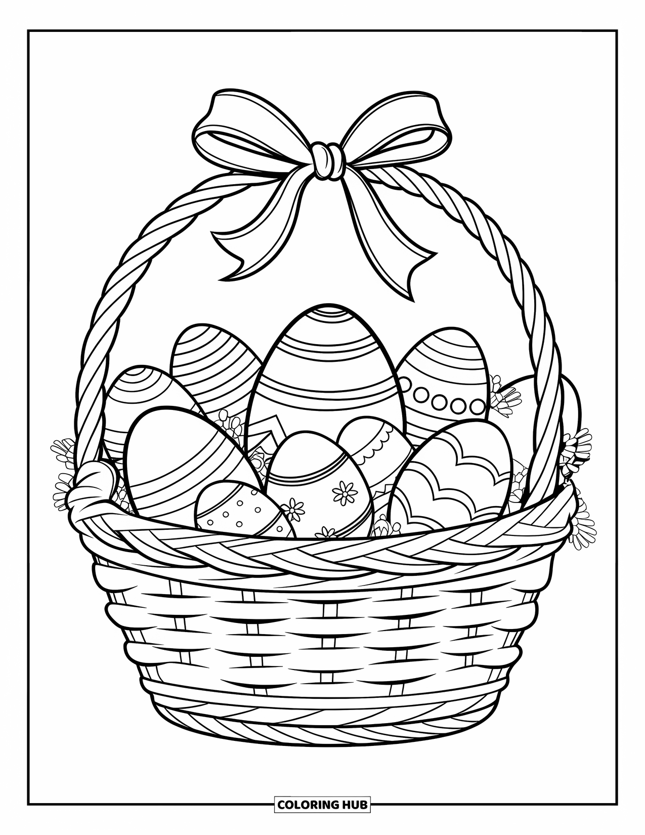 Easter Egg Coloring Page for Kids: A basket filled with patterned eggs rests with a vintage charm