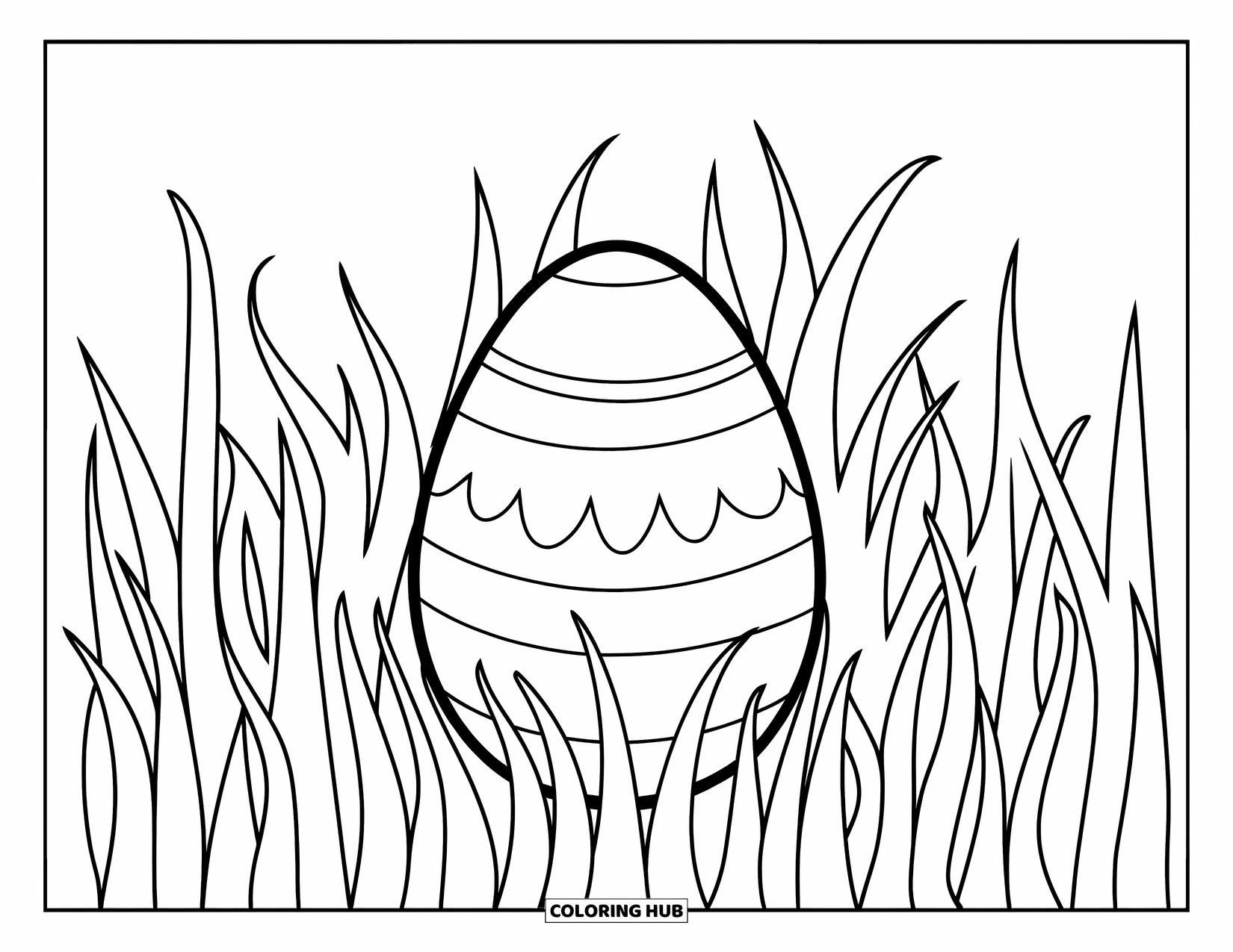 Easter Egg Coloring Page for Kids: A bold Easter egg sits in thin, wavy grass