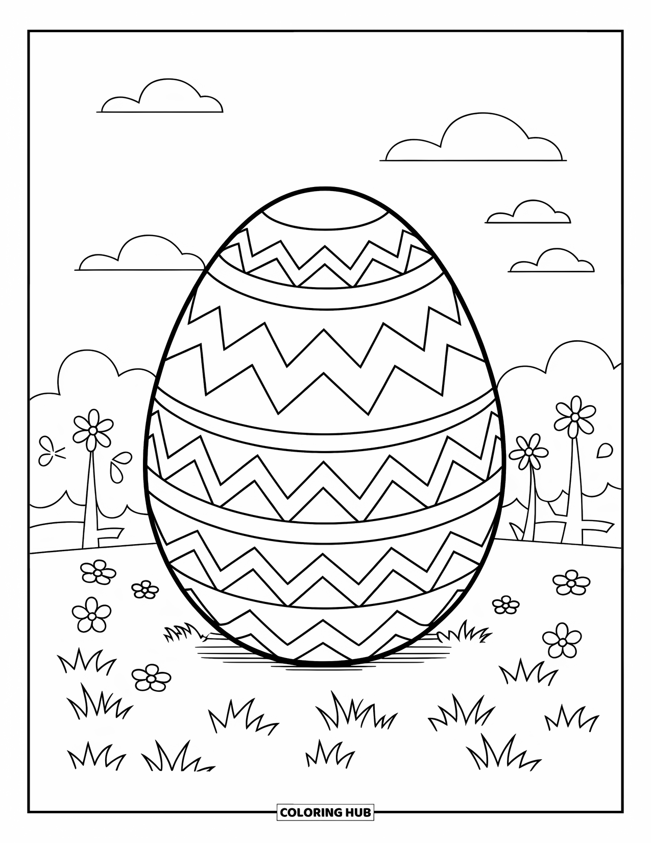 Easter Egg Coloring Page for Kids: A bold zigzag-striped Easter egg sits in grass with flowers
