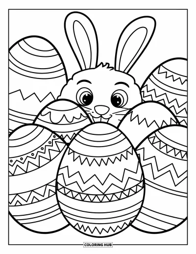 Easter Egg Coloring Page for Kids: A bunny peeks behind detailed Easter eggs with zigzags and swirls