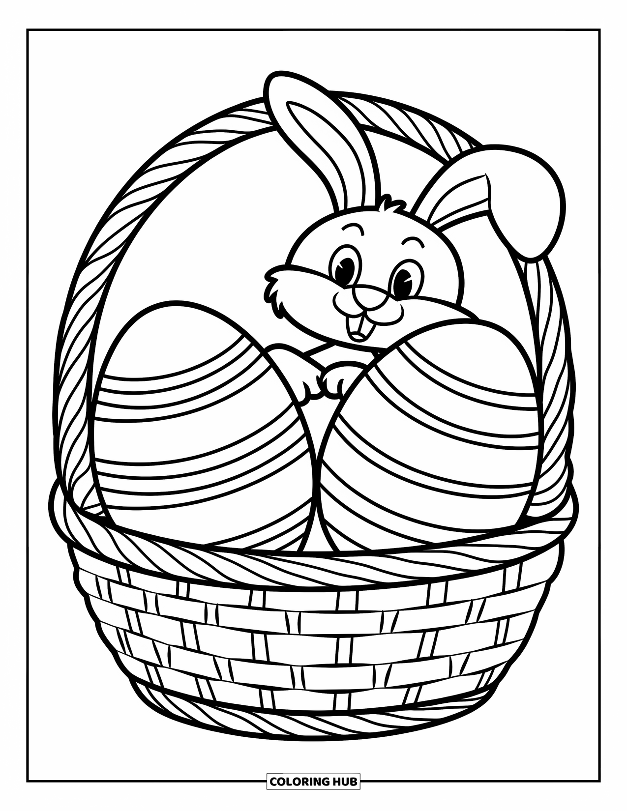 Easter Egg Coloring Page for Kids: A bunny peeks over a basket holding two decorated Easter eggs