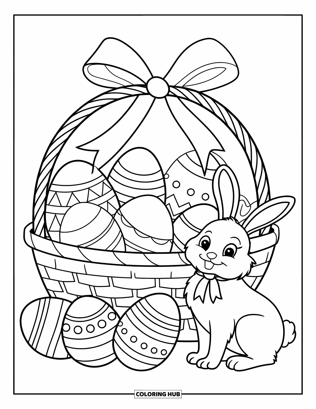 Easter Egg Coloring Page for Kids: A bunny sits beside a ribboned basket filled with Easter eggs