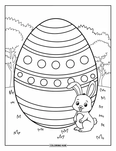 Easter Egg Coloring Page for Kids: A bunny sits beside a striped Easter egg with dots in grass