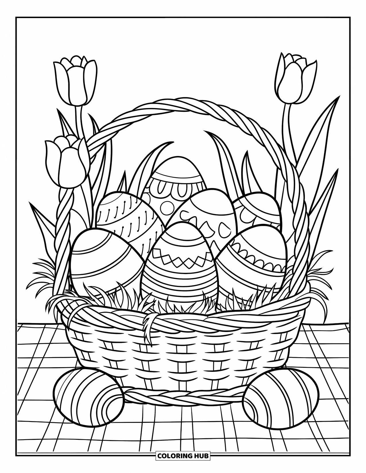Easter Egg Coloring Page for Kids: A checked table holds a basket of eggs with tulips nearby
