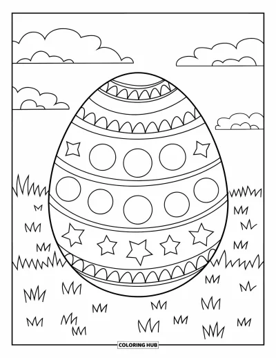 Easter Egg Coloring Page for Kids: A circle-and-star Easter egg rests in grass under fluffy clouds