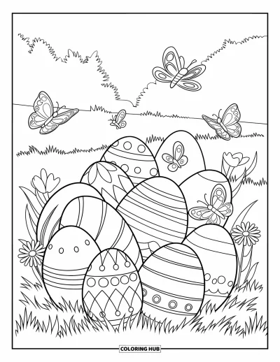 Easter Egg Coloring Page for Kids: A cluster of decorated Easter eggs rests in grass with flowers