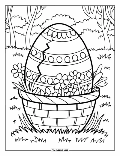 Easter Egg Coloring Page for Kids: A cracked striped egg rests in a basket of spring flowers