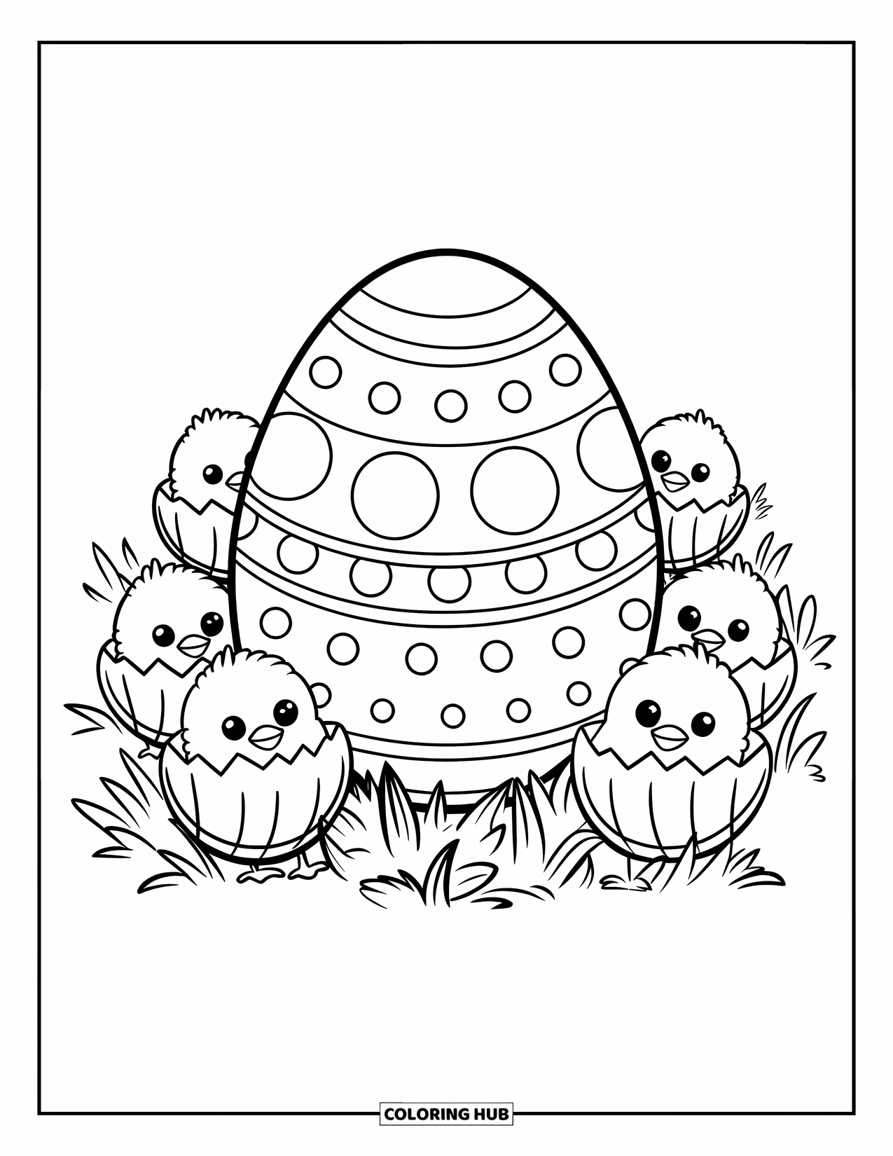 Easter Egg Coloring Page for Kids: A dotted Easter egg is surrounded by tiny chicks in shells