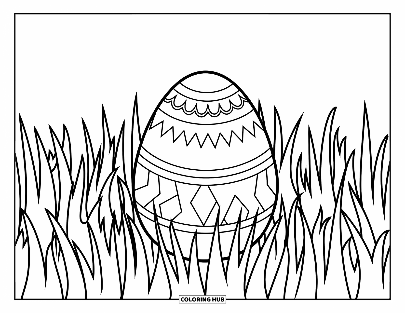Easter Egg Coloring Page for Kids: A large Easter egg rests in tall grass with a plain background