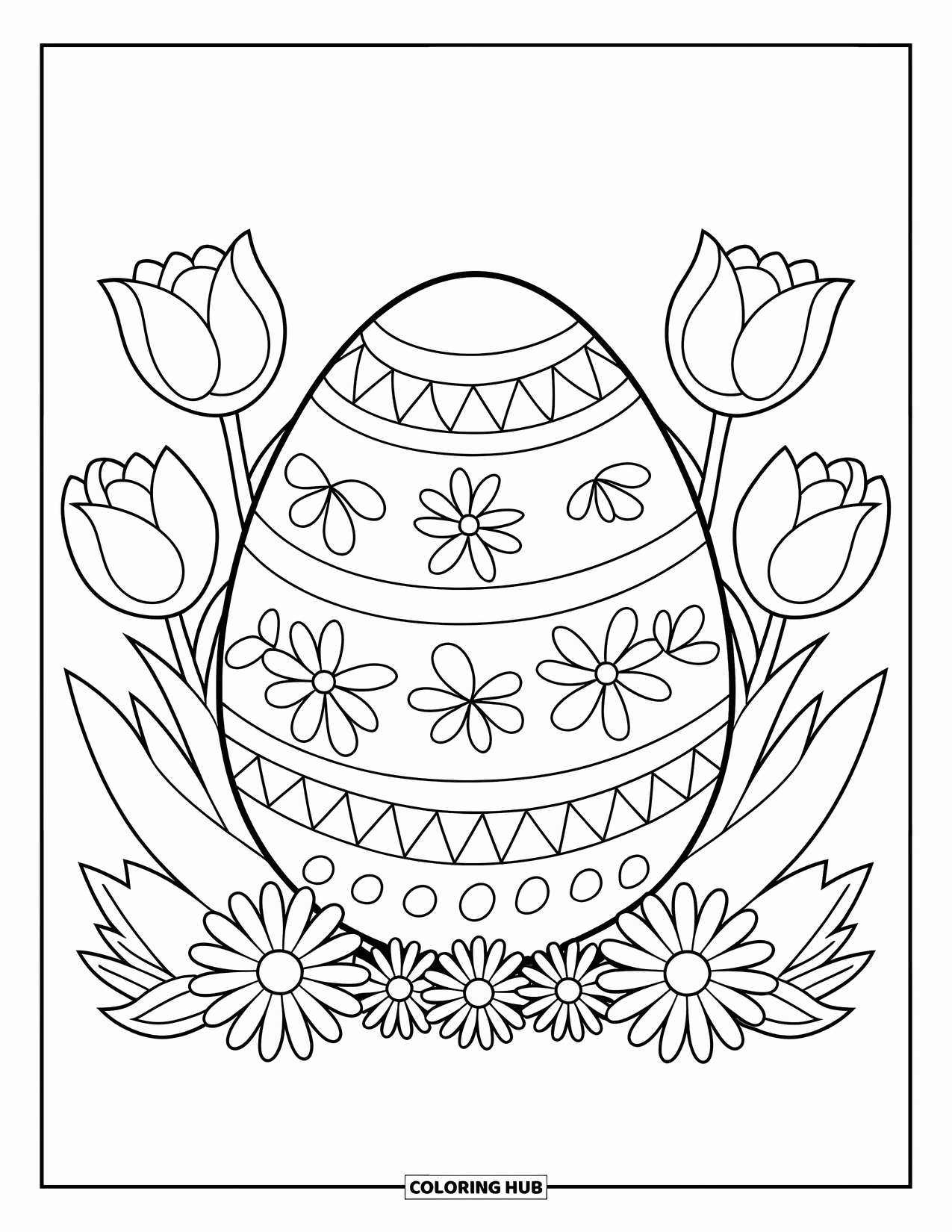 Easter Egg Coloring Page for Kids: A large Easter egg with floral decorations sits among tulips