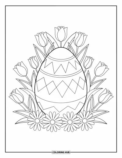 Easter Egg Coloring Page for Kids: A large floral Easter egg is framed by tulips and daisies