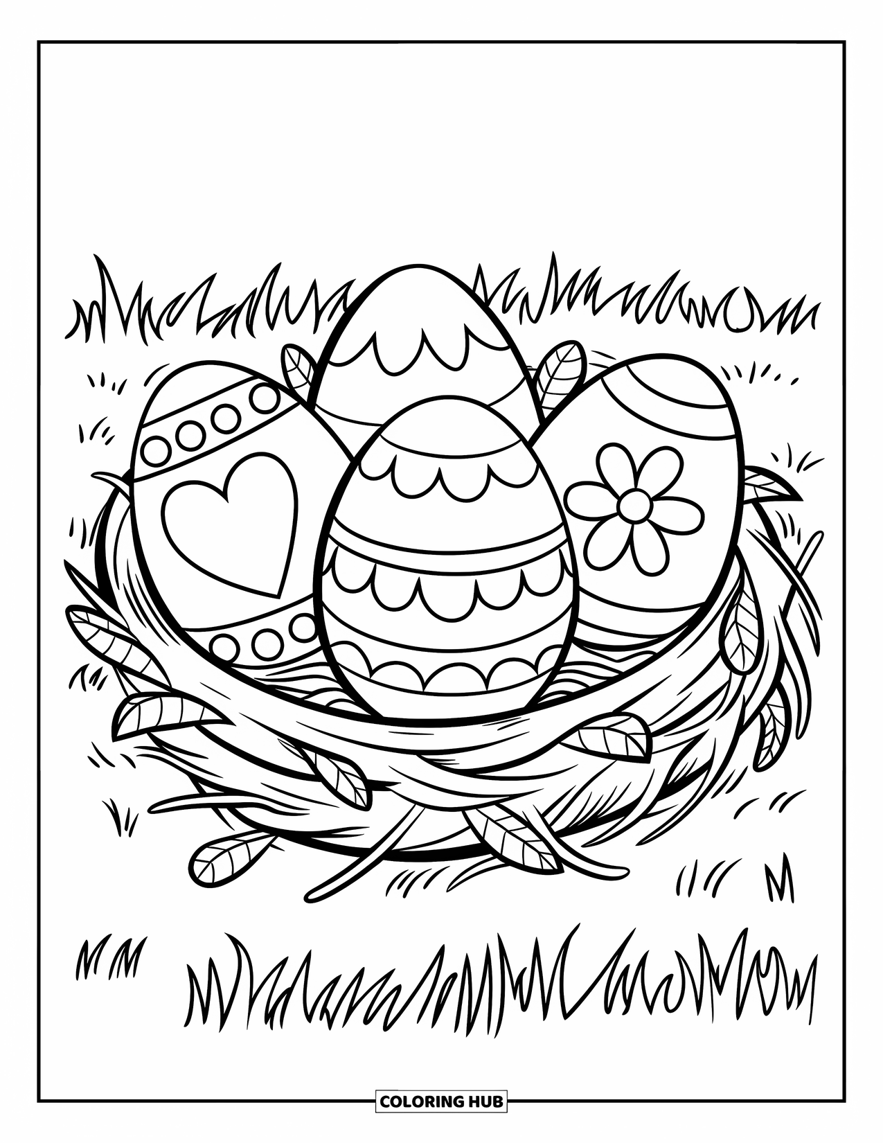 Easter Egg Coloring Page for Kids: A nest of twigs holds three decorated Easter eggs