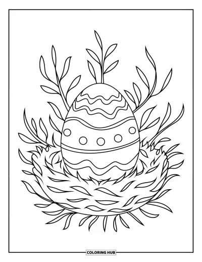 Easter Egg Coloring Page for Kids: A patterned Easter egg rests inside a nest of twigs and leaves