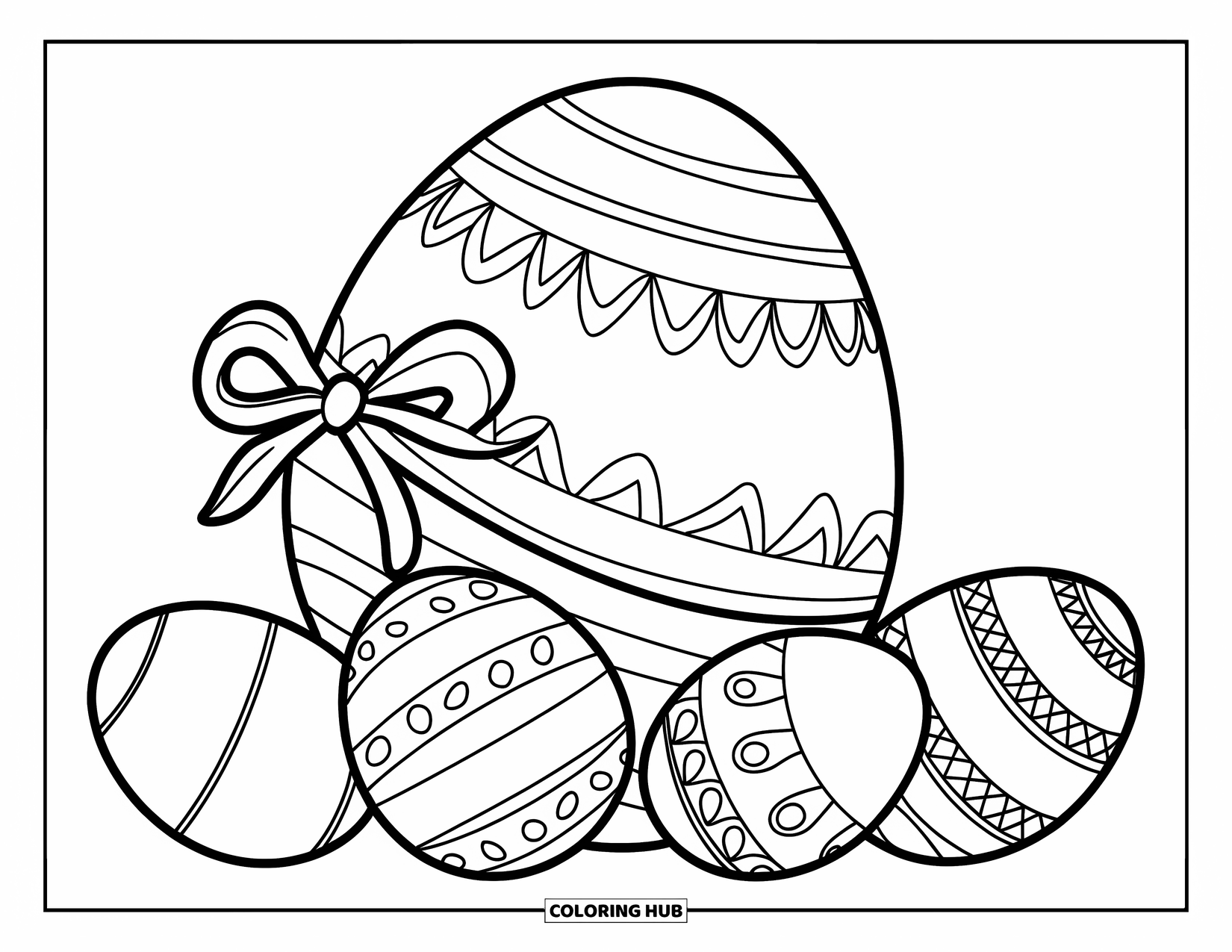 Easter Egg Coloring Page for Kids: A patterned egg with a ribbon bow sits on smaller eggs