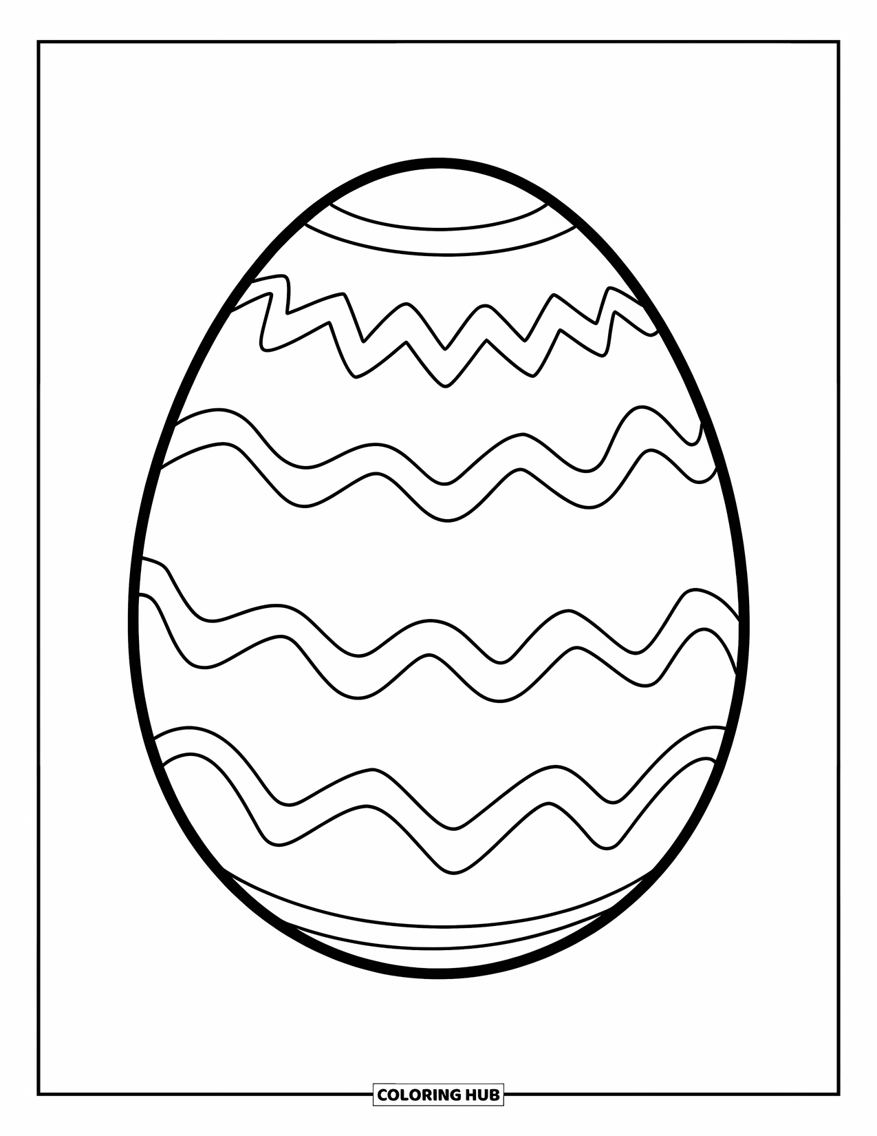 Easter Egg Coloring Page for Kids: A plain egg with wide wavy lines sits on white background
