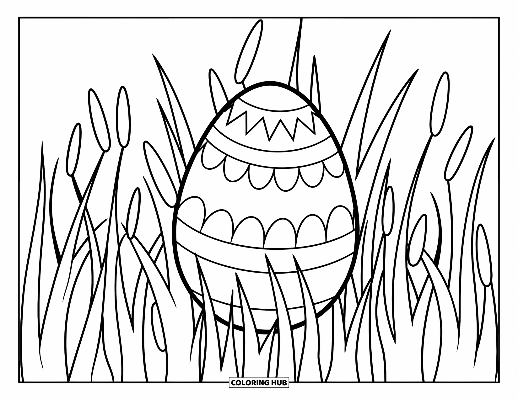 Easter Egg Coloring Page for Kids: A playful Easter egg rests in tall grass with swaying blades