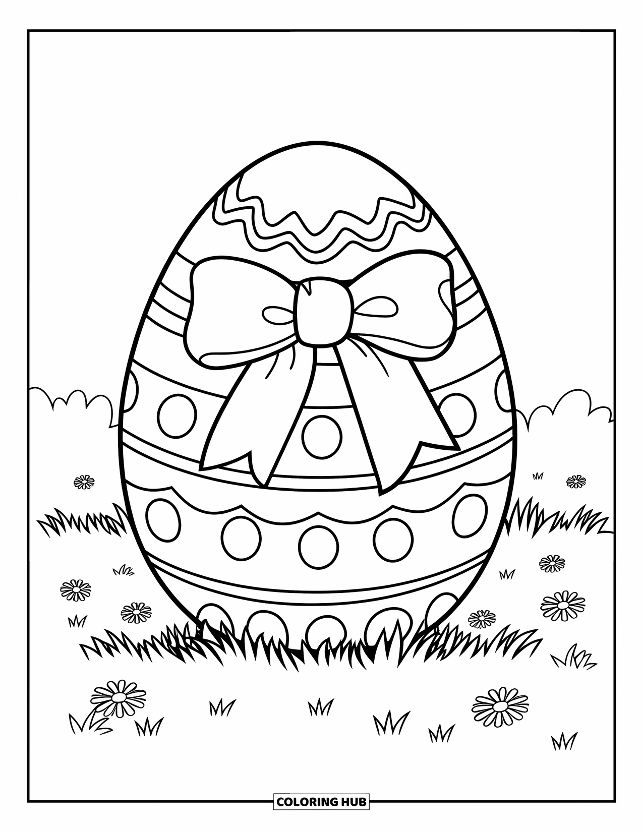 Easter Egg Coloring Page for Kids: A ribboned Easter egg rests in a grassy field with flowers