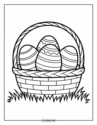 Easter Egg Coloring Page for Kids: A simple basket holds three plain Easter eggs on grass