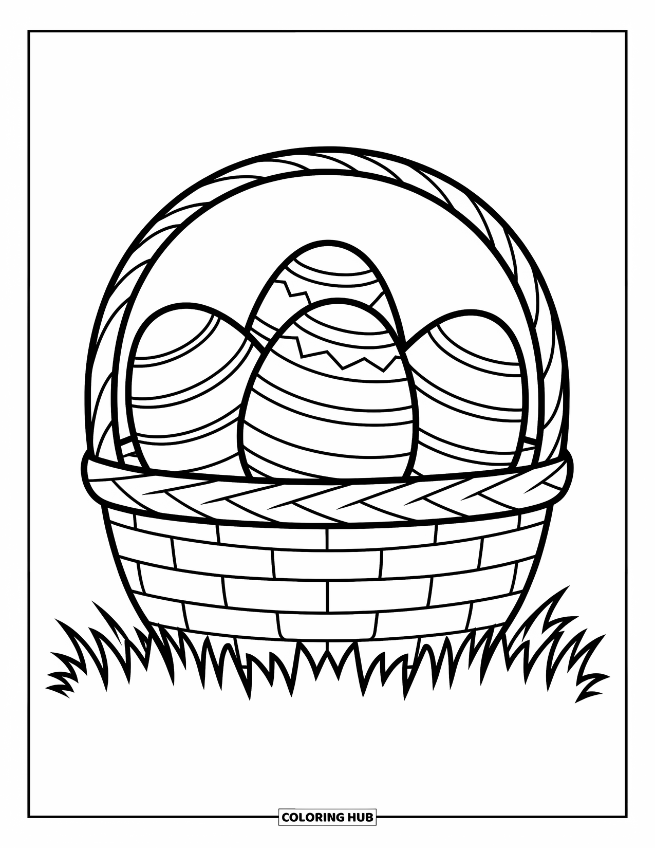 Easter Egg Coloring Page for Kids: A simple basket holds three plain Easter eggs on grass