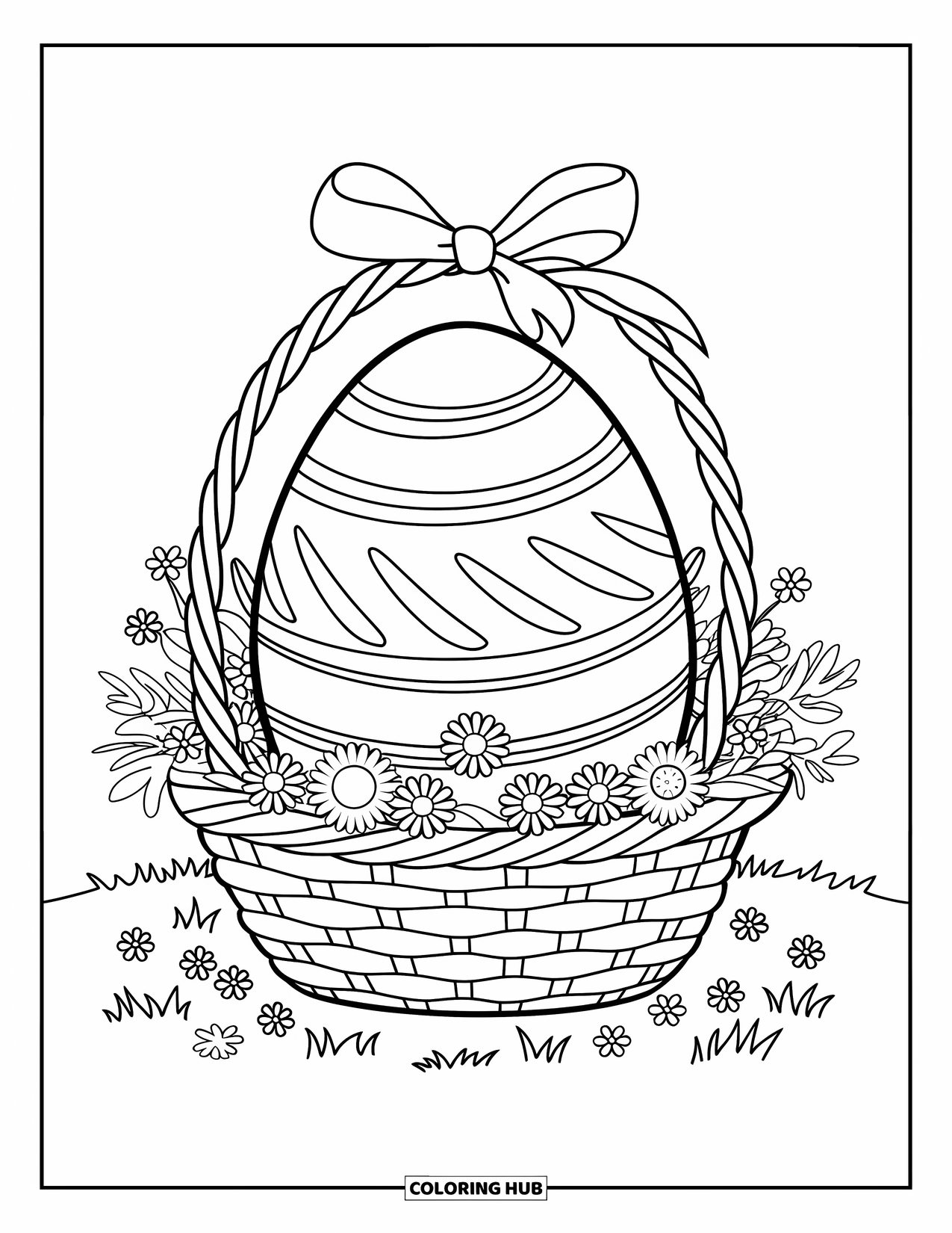 Easter Egg Coloring Page for Kids: A striped Easter egg with a bow sits in a flower-filled basket